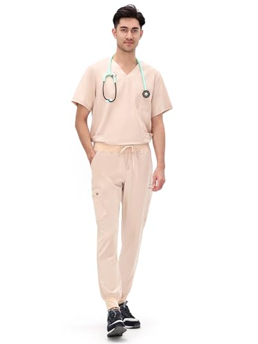 COZYFIT Scrubs for Men - 4 Pockets V-Neck Scrub Top and 7 Pockets Jogger Pants Mens Scrubs Set Light Khaki XXL