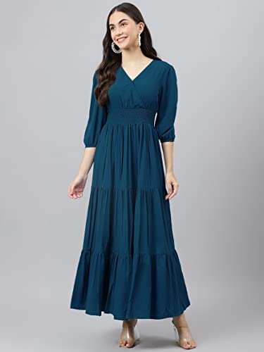 Image of Femvy Women's Fit and Flare Maxi Dress Rayon 3 /4 Sleeve Solid V-Neck Evening Dress 751
