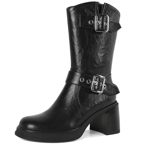 Eldof Mid Calf Boots for Women Platform Chunky Heel Booties with Buckles Square Toe Side Zipper Biker Motorcycle Leather Boots Women Fall Winter 3 Inches