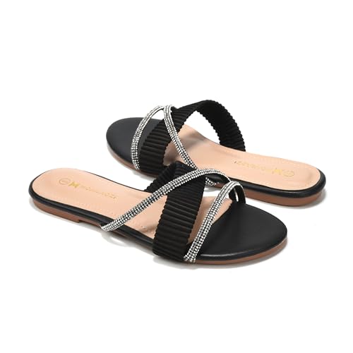 Women's Flat Sandals Rhinestone Strappy Slides With Soft Memory Foam Insole, Dressy Beach Suede Slippers for Summer Vacation2