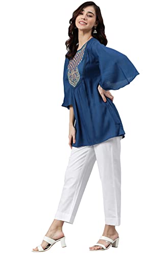Image of Janasya Women's Blue Rayon Tunic