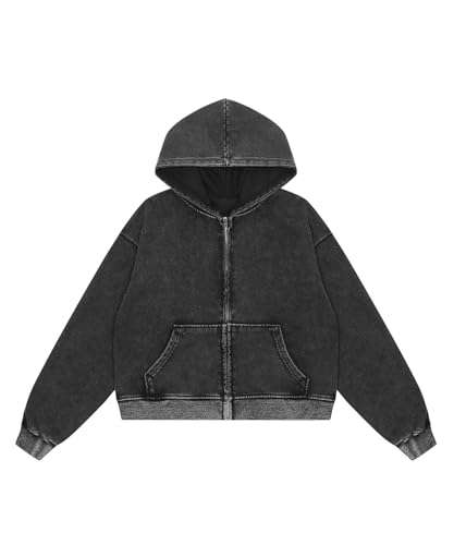Vintage Washed Hoodie Jacket Zip Up Hooded Sweatshirt Streetwear Outerwear