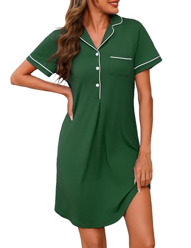 Jahetuul Camisón de Algodón Mujer Manga Corta Verano Pijama con Abertura de Botones y Cuello V Ropa de Dormir con Bolsillo Cómoda y Casual