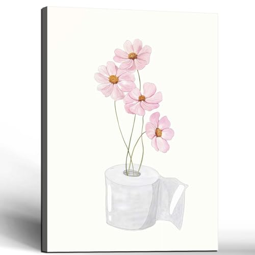 Framed Bathroom Canvas Wall Art Print Pink Flowers on Toilet