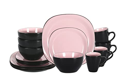 HomeVss, Stoneware Square 16pc Dinnerware Set, Inside Shiny Rose + Outside Matte Black