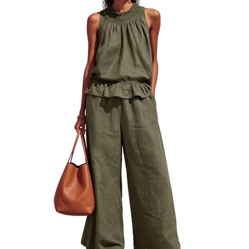 Mucpad Womens Linen Set Two Piece Linen Sets for Women Wide Leg Pants Outfits Loungewear Beach Travel Sets (Green M)