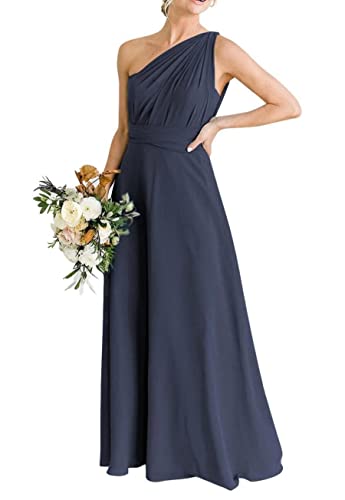 Robe demoiselle d'honneur longue bleu marine plissée C101 : le confort fluide taille 52 plus