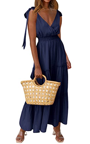 Image of PRETTYGARDEN Women's Cross Neck Summer Sleeveless Tiered Maxi Dress Beach Tie Strap Smocked Long Dresses Pleated Sundress