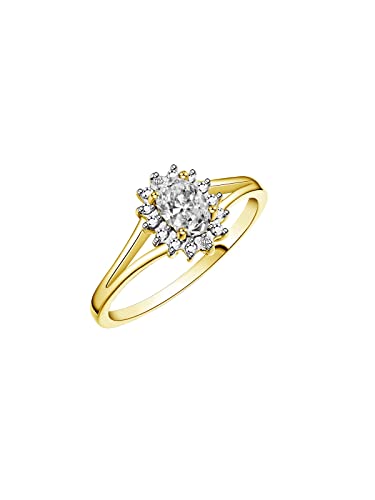 Image of Rylos Halo Ring: Diamond Birthstone with 6X4MM Oval Gemstone - Women's Jewelry in Yellow Gold Plated Silver - Stunning Diamond Ring Sizes 5-10