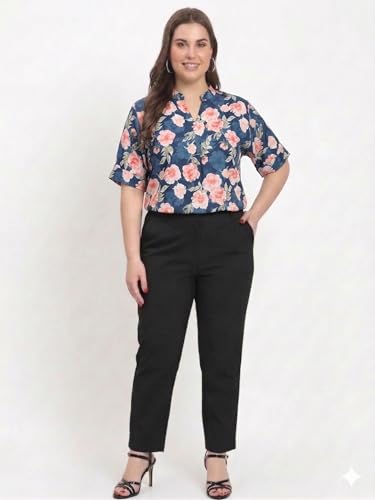 Image of SINDOORI Relaxed Fit Tops for Women Plus Size Solid Printed Mandarin Collar, Band Collar, V-Neck Top, Half Sleeve Loose Fit