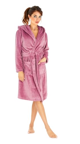 i-Smalls Ladies Hooded Fleece Dressing Gown Super Soft Cosy Plush Fleece Robe (Knee Pink) 14-16