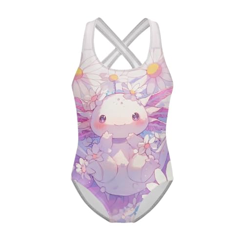 Image of Girls One Piece Swimsuit Axolotl Cross Back Straps Bathing Suit Lightweight Quick Dry Gymnastics Leotard
