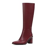 Grakihily Women's Knee High Boots, Square Toe Chunky High Heel Faux Leather Boot 2025 Long Dress Casual Fall/Winter Boots for Women Fashion Wide Calf Tall Boot with Side Zipper Burgundy/Size 7.5