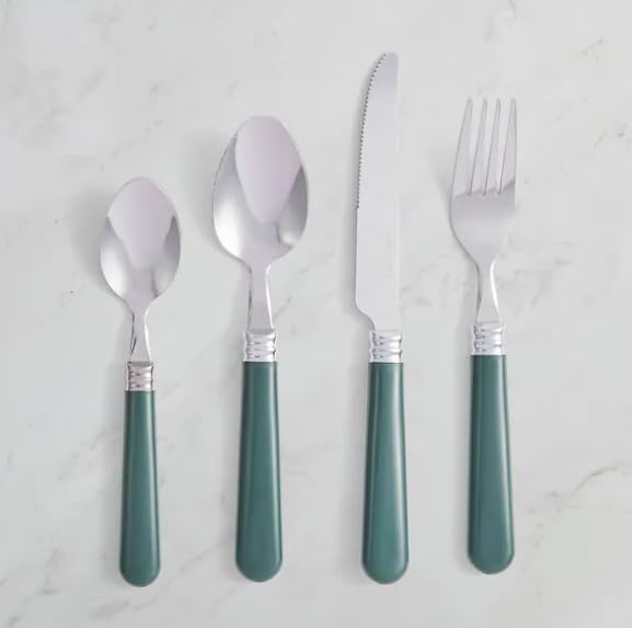 New 16-Piece Contemporary Stainless Steel Cutlery Set with Comfort-Grip Handles – Perfect for Everyday Dining & Table Décor-M86 (Dark Green)