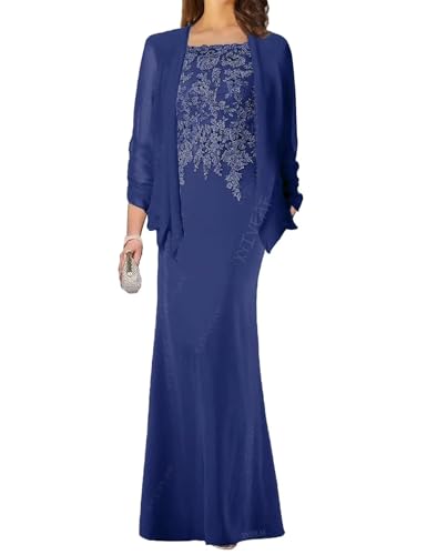Mother of Bride Dresses with Jacket 2-Pieces Laces Appliques Mother of The Groom Dress Long Chiffon Formal Evening Gowns