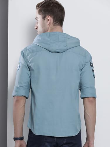 Image of Indian Garage Men's Slim Fit Solid Cotton Hooded Shirt Features Hooded Collar, Regular Placket, Full Sleeves, one Patch Pocket, Regular Length, Straight Hem and Button Closure.