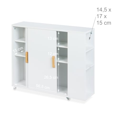Relaxdays Nischenschrank, 4 Fächer, WC-Bürstenhalter, HxBxT: 62 x 19,5 x 64 cm, Bad, MDF, Bambus, Rollwagen, weiß/Natur