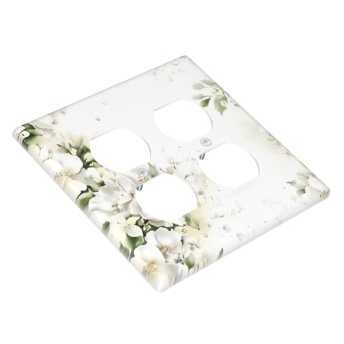 Decorative Outlet Covers Rustic Ink Green Leaves White Florals Flower 2 Gang Outlet Cover Wall Plate Double Duplex Light Switch Cover Plate Switch Plate Covers for Bedroom Home Decor
