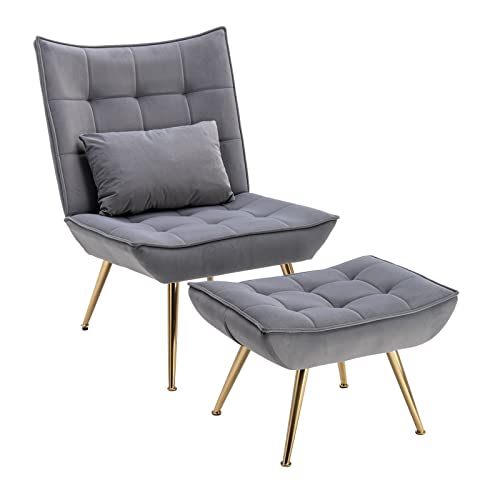 chairus Samt Loungesessel Relaxsessel mit Hocker Modern Polsterstuhl Fernsehsessel mit Lendenkissen Lesesessel für Wohnzimmer Balkon (Grau) Cover