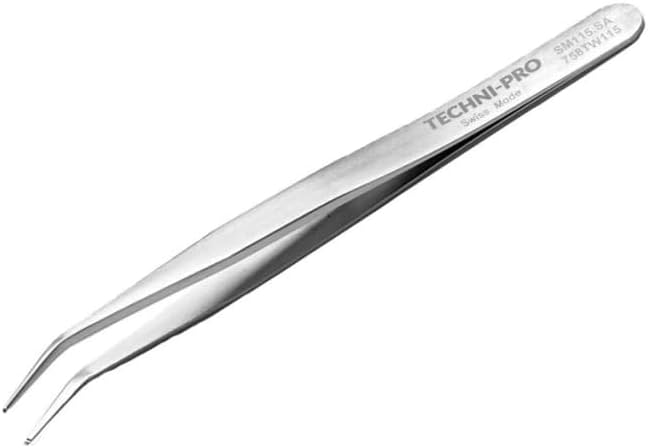 Techni-Pro 758TW115-4.5' SMD Tweezers, Style SM115, Anti-Acid/Anti-Magnetic Stainless Steel, Bent, Grooved