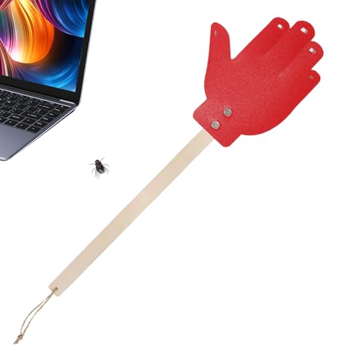 Tachette À Mouches Robuste en Cuir, Légère Et Manuelle, en Forme Paume, avec Cordon Et Long Manche en Bois, Outil Pratique pour Attraper Les Mouches, Idéal pour La Maison, L'école (Rouge)
