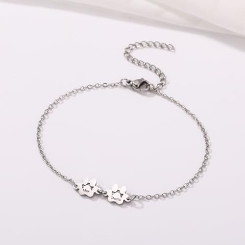 MeMeDIY Personalisiertes Pfotenabdruck Armband für Frauen Graviert mit 1-5 Namen für Hunde und Katzen Haustierpfoten Armband Verstellbare Kette Hundeschmuck Gedenkgeschenke für Tierliebhaber - A2