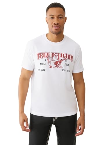 True Religion Buddha Arch Logo T-Shirt for Men – 100% Cotton Graphic Tee with Front & Back Print, Short Sleeve, Optic White, Large