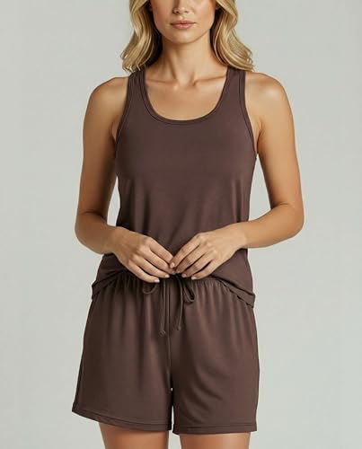 Image of Real Essentials 4 Piece: Women's Super-Soft Tank Top and Short Pajama Set - Loungewear Sleepwear (Available in Plus Size)