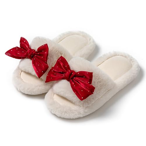 Cute Bow House Women's Slippers - Open Toe Warm Plush Fluffly Non-Slip Sole Indoor