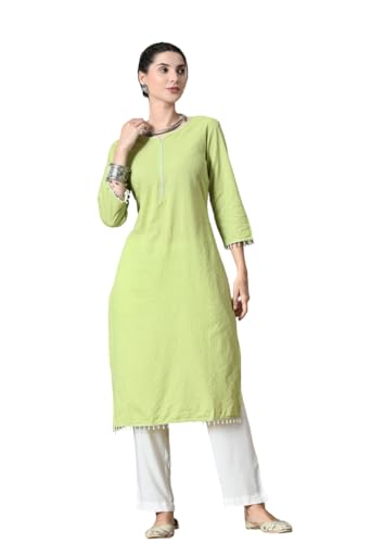 Image of Amazon Brand - Tavasya Women Cotton Katha Straight Regular Fit Kurta | Solid Ethnic Kurti | 3 /4 Sleeve Casual & Office Wear |Kurta for Women