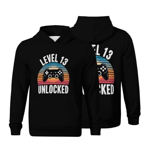 Kids Level 13 Unlocked Funny Video Gamer 13th Birthday Gift Boys Girls Lightweight Kangaroo Pocket Fleece Hoodies