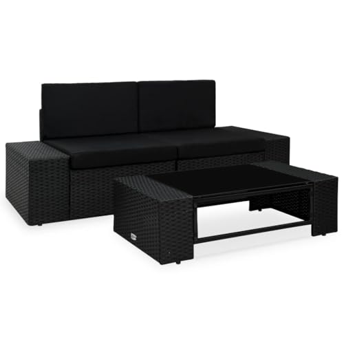 Qnhdfrt Salon de Jardin 3 Pcs en Résine Tressée Noir, Ensemble Canapé d'angle Modulaire Extérieur avec Table Basse en Verre Trempé et Coussins Épais pour...