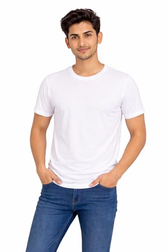 Image of Hangout Hub Men's Polyester T Shirts | Regular Fit Tees for Gym| Sports | Workouts | Round Neck | Half Sleeves | White Color | Solid | Dry fit Tshirts