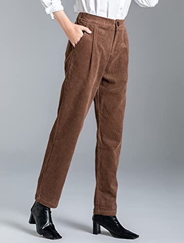 Minibee Women's Cropped Corduroy Pants Elastic Waist Retro Trouser With Pockets Brown #TOP2