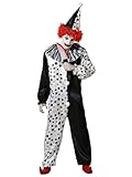 payasos disfraz mujer Este disfraz payaso halloween gris adulto está formado por un mono y un sombrero puntiagudo. El mono contiene un volante en el cuello y la decoración está dividida en dos a partes iguales con un negro liso y un estampado de lunares que le aportan una imagen infantil dentro de la tenebrosidad.