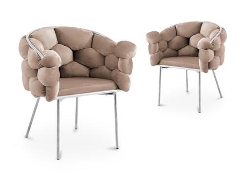 DecoInParis Lot de 2 chaises en Velours Beige Pieds en métal argenté Charlotte