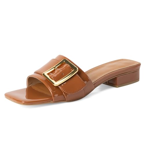 Image of Women's Slide Heeled Sandals Opened Square Toe Chunky Block Heel Slippers with Buckle Slip on Casual Comfortable Pumps