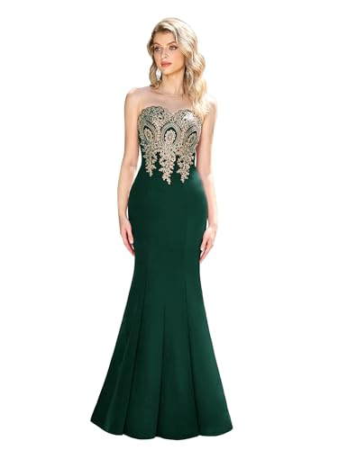 Image of Prom Dress for Women 2025 Gold Lace Applique Long Sheer Illusion Mermaid Formal Dresses Evening Gown