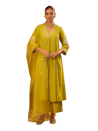 Image of FIORRA Women's Lime Green Viscose Chanderi Embroidered & Gota Patti Work Ethnic A-Line Kurta Set with Dupatta