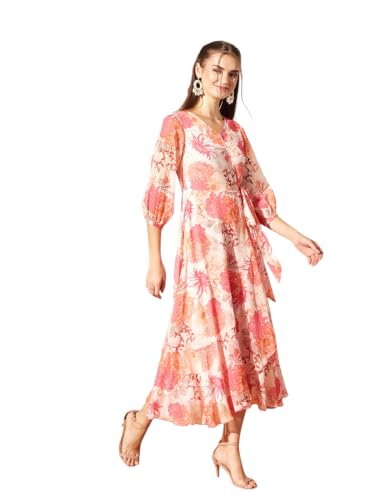 Image of Miss Chase Women's Multicolored Black Floral V-Neck 3 /4 Sleeve Wrap Chiffon Midi Dress