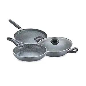 Prestige Omega Grey Granite Aluminium Non-Stick Cookware 3 Pcs Festival Pack BYK Set(Kadai with Glass Lid 24cm, Omni Tawa-28 cm, Fry Pan 24 cm, Black)