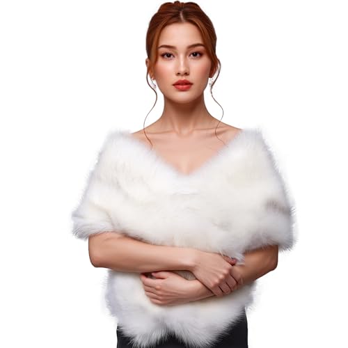Luxury High-Density Faux Fur Shawl – No Shedding, Fluffy Bridal Wrap with Satin Lining, Warm for Weddings