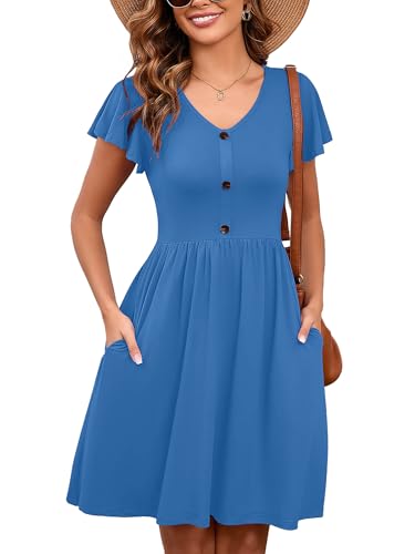 Image of Heymoments Women's Ruffle Sleeve V Neck Swing Sundress Summer Casual A-Line Midi Dress with Pockets S-2XL