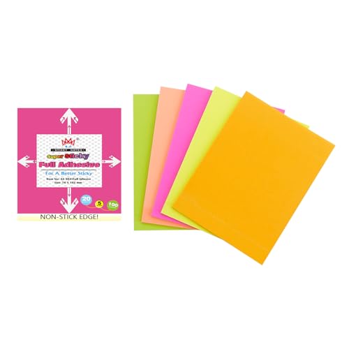 4A Sticky Full Adhesive Notes,4 1/3 x 3 Inches,20 Sheets/Color,5 Colors/Pack,Self-Stick Notes,100 Sheets Total,4A 304 Full Glue