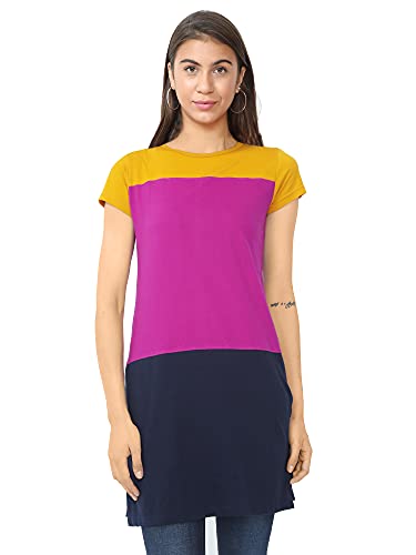 Image of FLEXIMAA Women's Cotton Round Neck Color Block Half Sleeve Long Top
