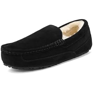 DREAM PAIRS Men's House Slippers Moccasin Indoor Outdoor Fuzzy Furry Loafers Suede Leather Warm Comfortable Shoes 9 Black