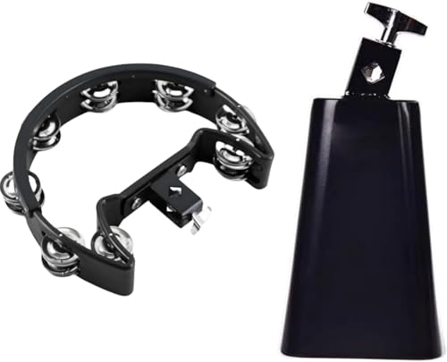 Tambourine and Cowbell Kit, Drum Set Tambourine with Mounting Eye Bolt, Mountable Tambourine And 7 Inch Cowbell for Drum Set(8 double rows of jingles, Black)