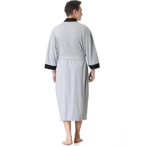 KEMUSI Men's Summer Knee-Length Breathable Absorbent Sleepwear Bathrobe, Mid Sleeve, Grey with Black Trim, Soft and Comfy2