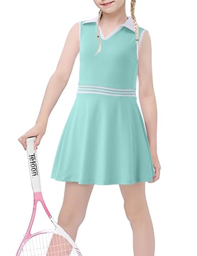 Image of Girls Tennis Dress Golf Outfit Sleeveless Athletic Dresses Polo V Neck Sport Skirt with Pockets 4-13Y