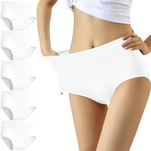 YouShow Women's High Waisted Seamless Knickers Multipack Cotton Ladies Pants Full Briefs Tummy Control Knickers Size 10 C Section Underwear 5 Pack (White)